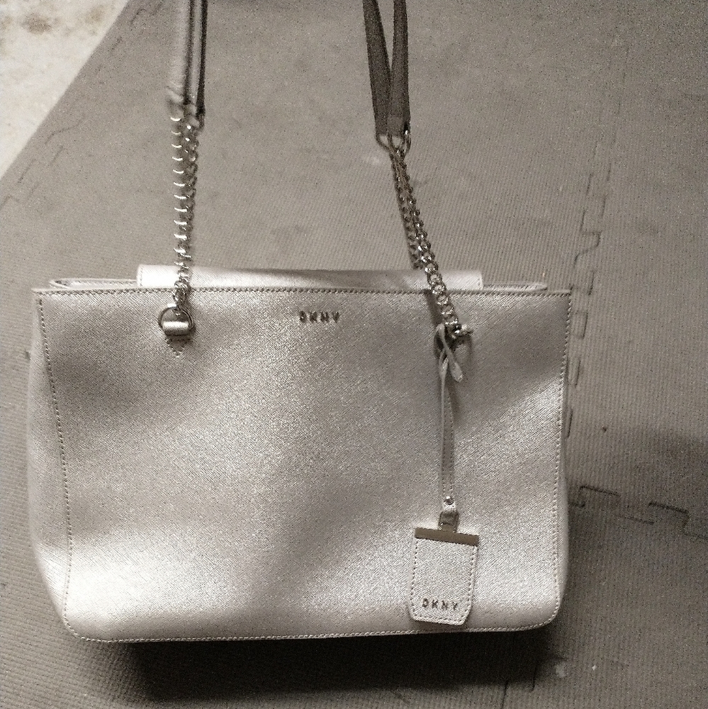 DKNY purse metallic gray chain straps leather handle